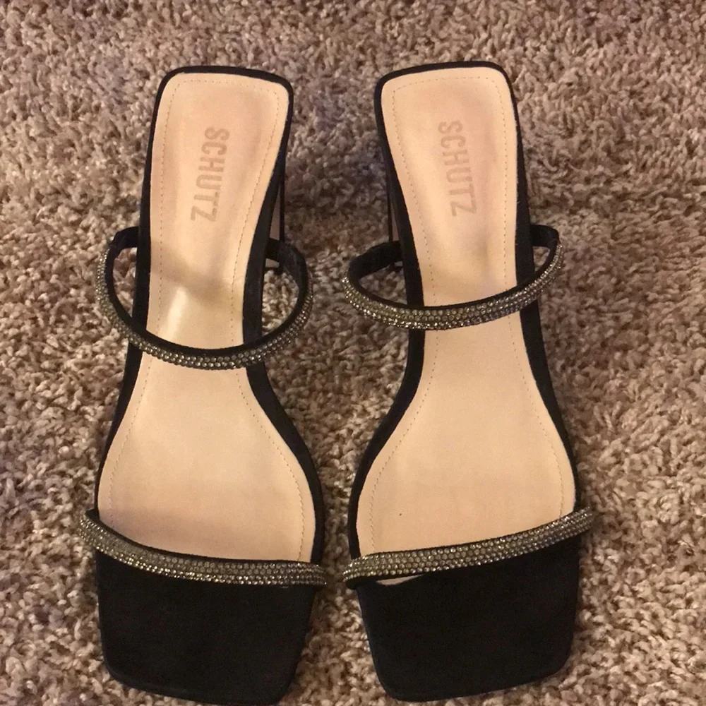 Schutz Salwa Black Suede Rhinestone Strap Sandals size 10.5